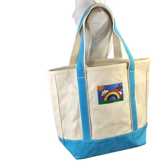 Lands End Canvas Tote NWT Embroidered Rainbow Open Top Natural Turquoise Medium - Picture 3 of 10